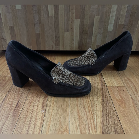 Vintage 90’s Anne Klein Calf Hair Leopard Print Suede Heeled Loafers - Picture 1 of 5